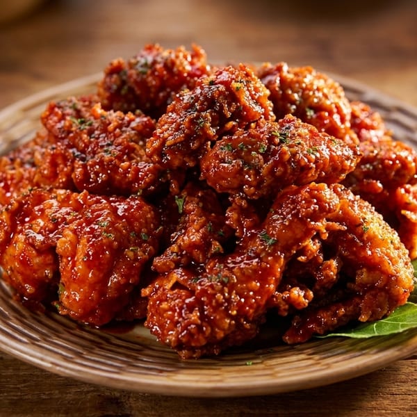 A plate of crispy, saucy Korean fried chicken with green herbs on a rustic wooden table.