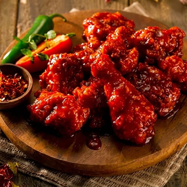 Spicy red chicken wings on a wooden platter with chili flakes, green peppers, and herbs.