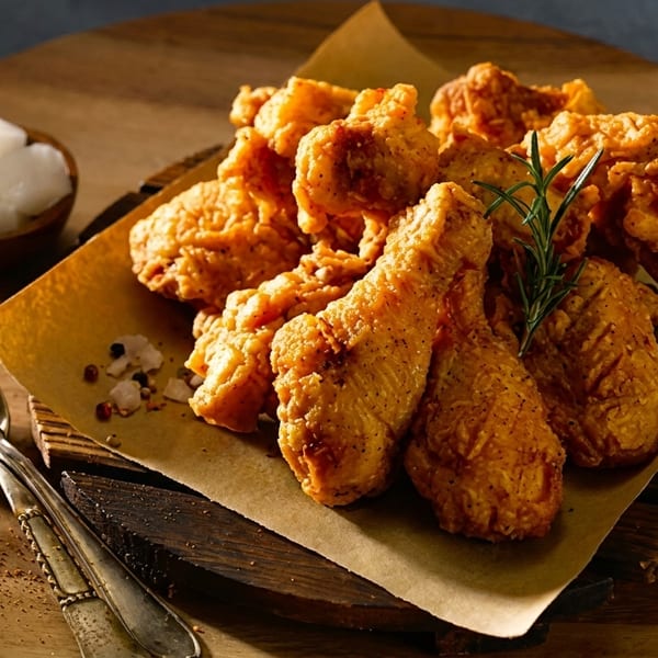 Crispy fried chicken pieces with rosemary, salt, and pickled radish on a wooden platter.