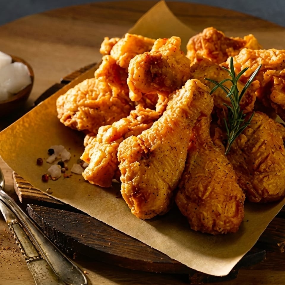 Crispy fried chicken pieces with rosemary, salt, and pickled radish on a wooden platter.