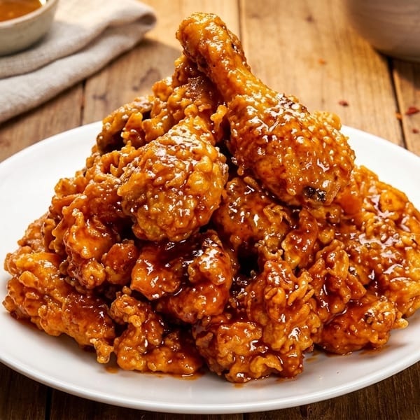 A large plate of glossy, golden-brown Korean fried chicken pieces on a rustic wooden table.