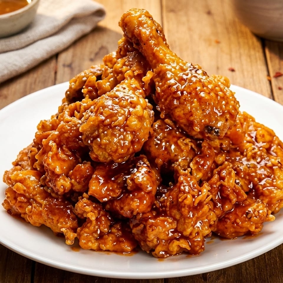 A large plate of crispy, glossy Korean fried chicken on a rustic wooden table.