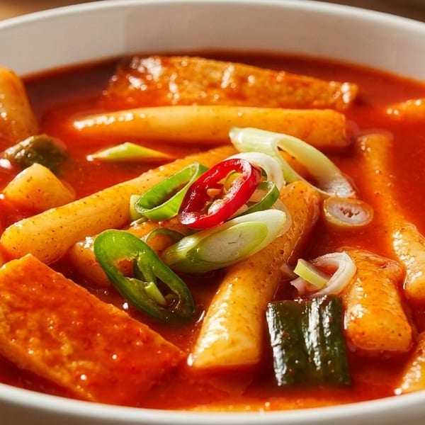 Close-up of a bowl of Tteokbokki, featuring rice cakes, fish cakes, and green onions in a red sauce.